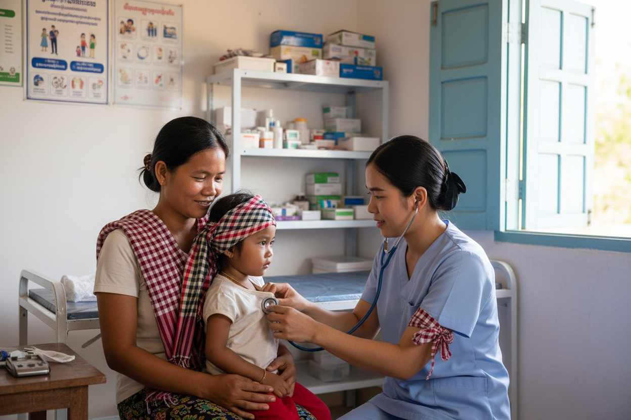 Healthcare worker providing medical care to mother and child in Cambodia