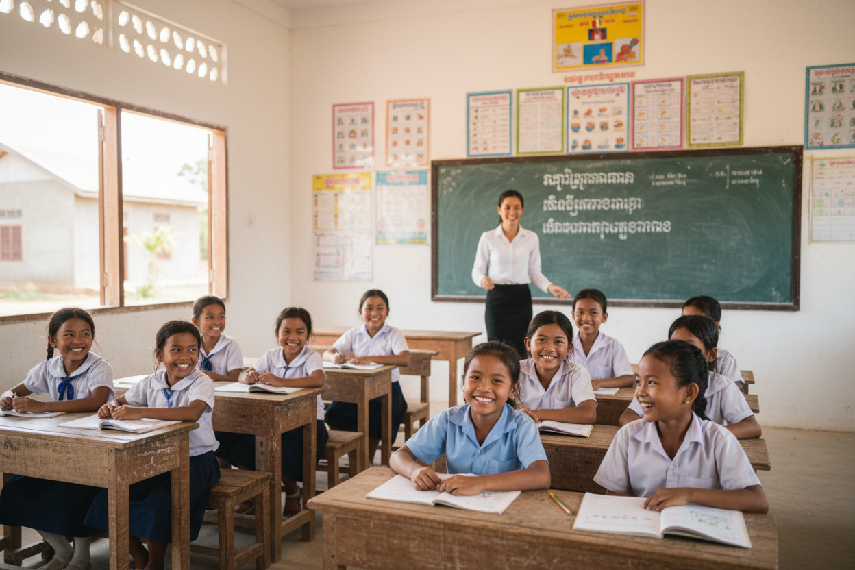 Cambodian children in rural school classroom learning